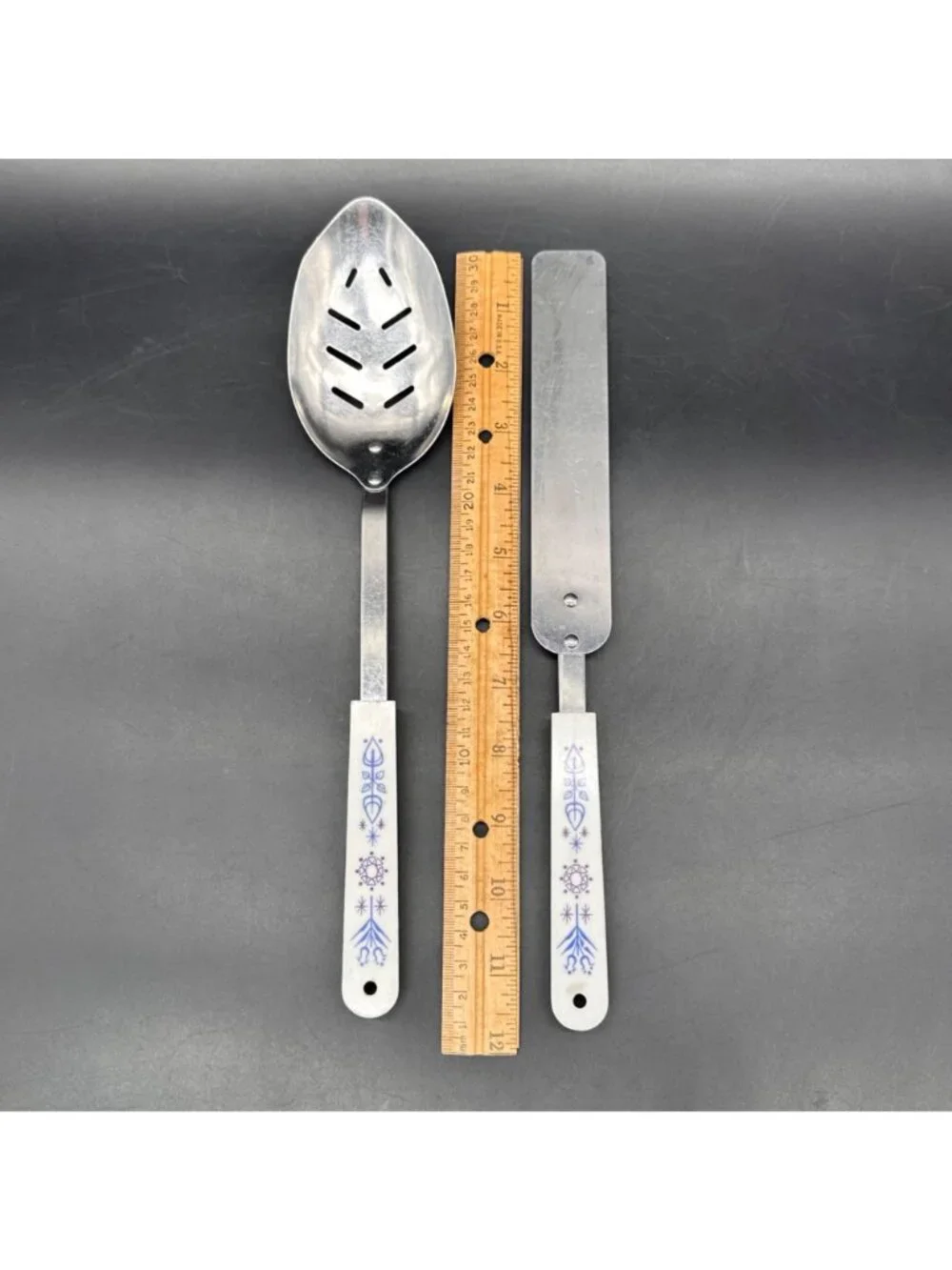 Vintage Slotted Spoon Spatula Set ACE Stainless Steel Blue Floral Handles USA